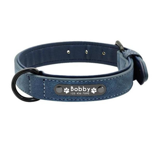 Personalised Leather Dog Collar - Blue / S